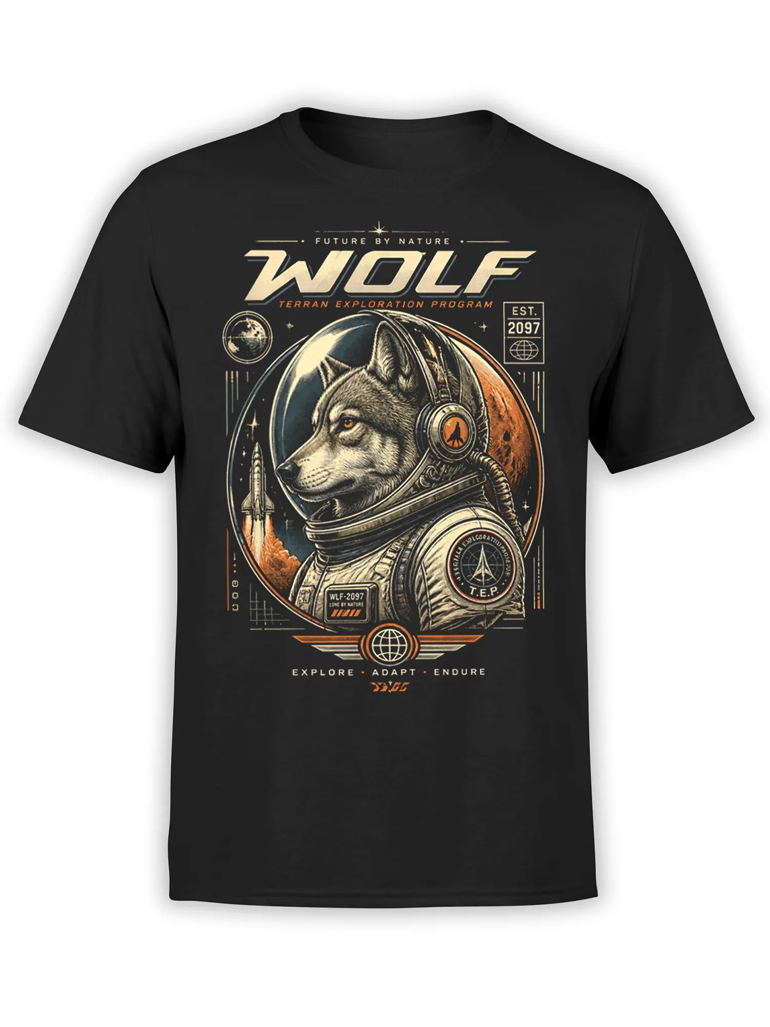 Black wolf astronaut T-shirt with retro rocket art, stars, globe symbols, and Future by Nature text
