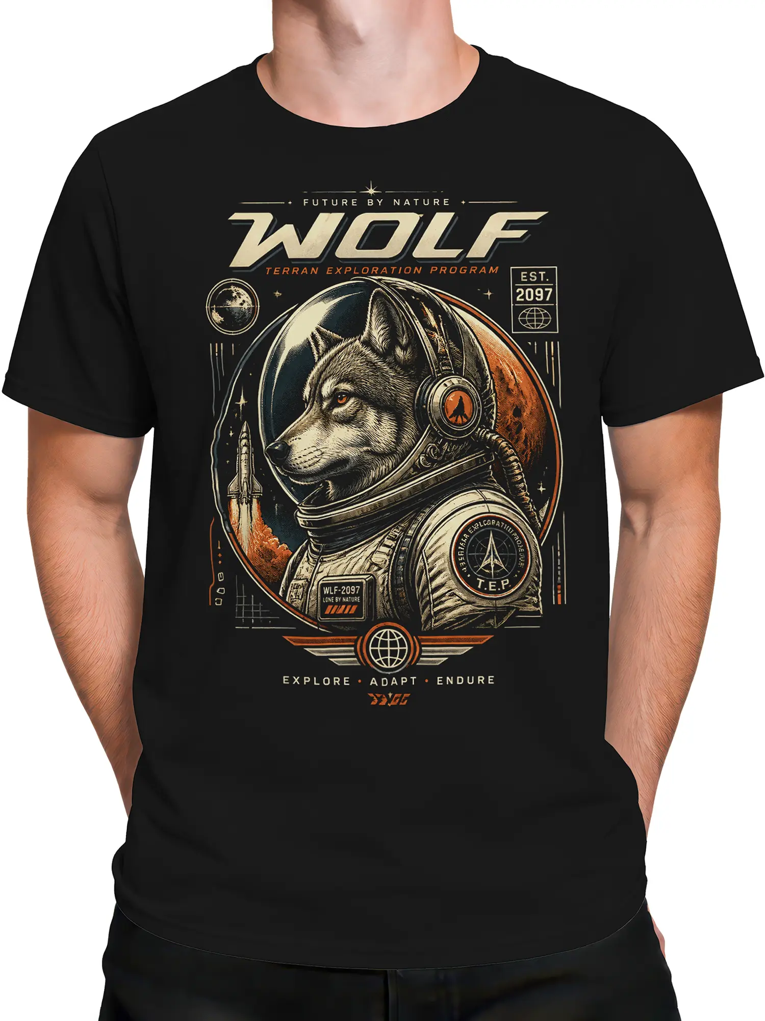 Male torso wearing a black wolf astronaut T-shirt with Future by Nature space artwork