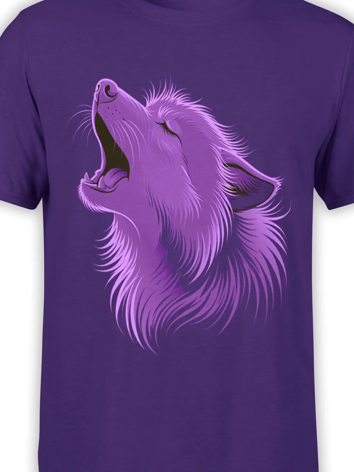 Close-up of the howling wolf graphic on a purple T-shirt showing detailed flowing fur