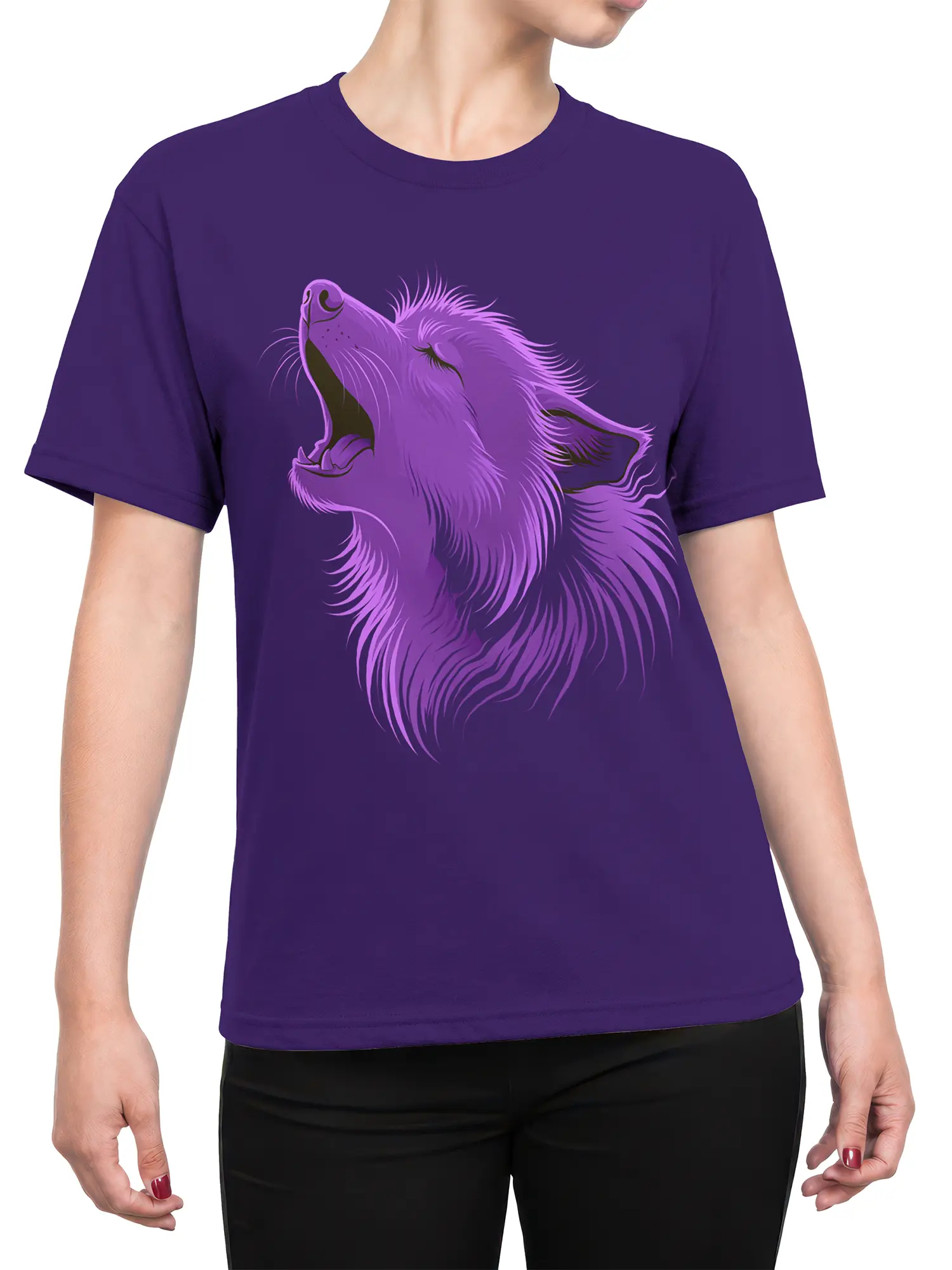 Female torso wearing a purple T-shirt with a flowing stylized howling wolf graphic
