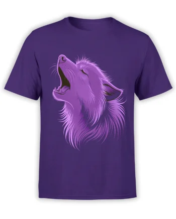 Purple T-shirt with a stylized howling wolf portrait and flowing pink and purple fur