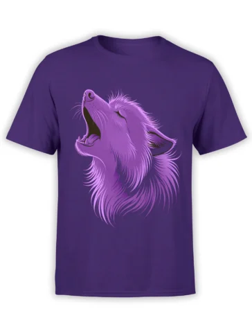 Purple T-shirt with a stylized howling wolf portrait and flowing pink and purple fur