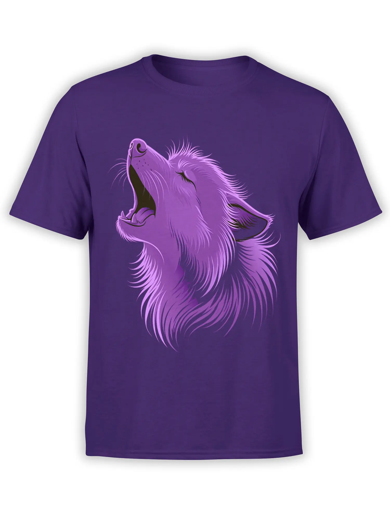 Purple T-shirt with a stylized howling wolf portrait and flowing pink and purple fur