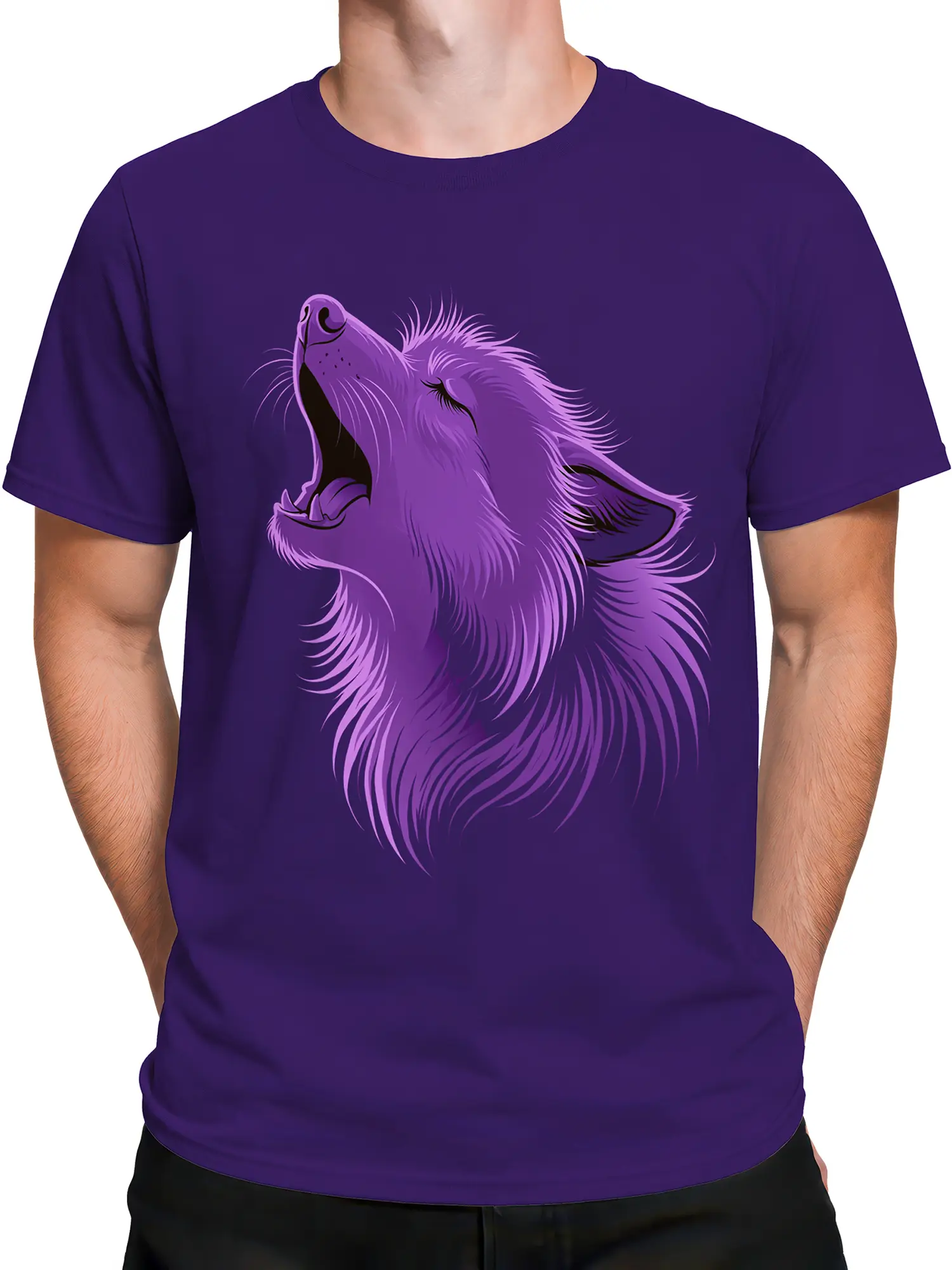 Male torso wearing a purple T-shirt with a dramatic howling wolf portrait