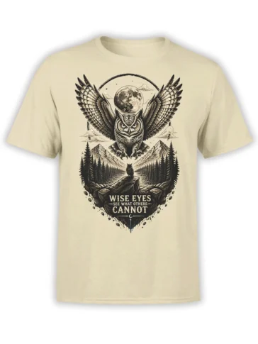 Beige owl t-shirt with spread wings, moon, forest, mountains, and “Wise Eyes See What Others Cannot” text