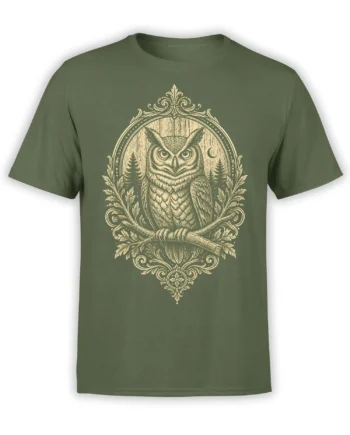 Vintage owl graphic on a green T-shirt with pine trees, leaves, and a crescent moon