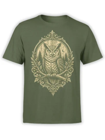 Vintage owl graphic on a green T-shirt with pine trees, leaves, and a crescent moon