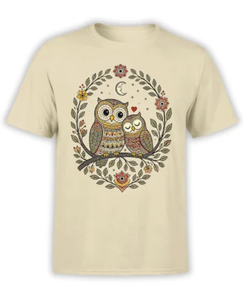Beige owl t-shirt with two patterned owls on a branch beneath a crescent moon and flowers
