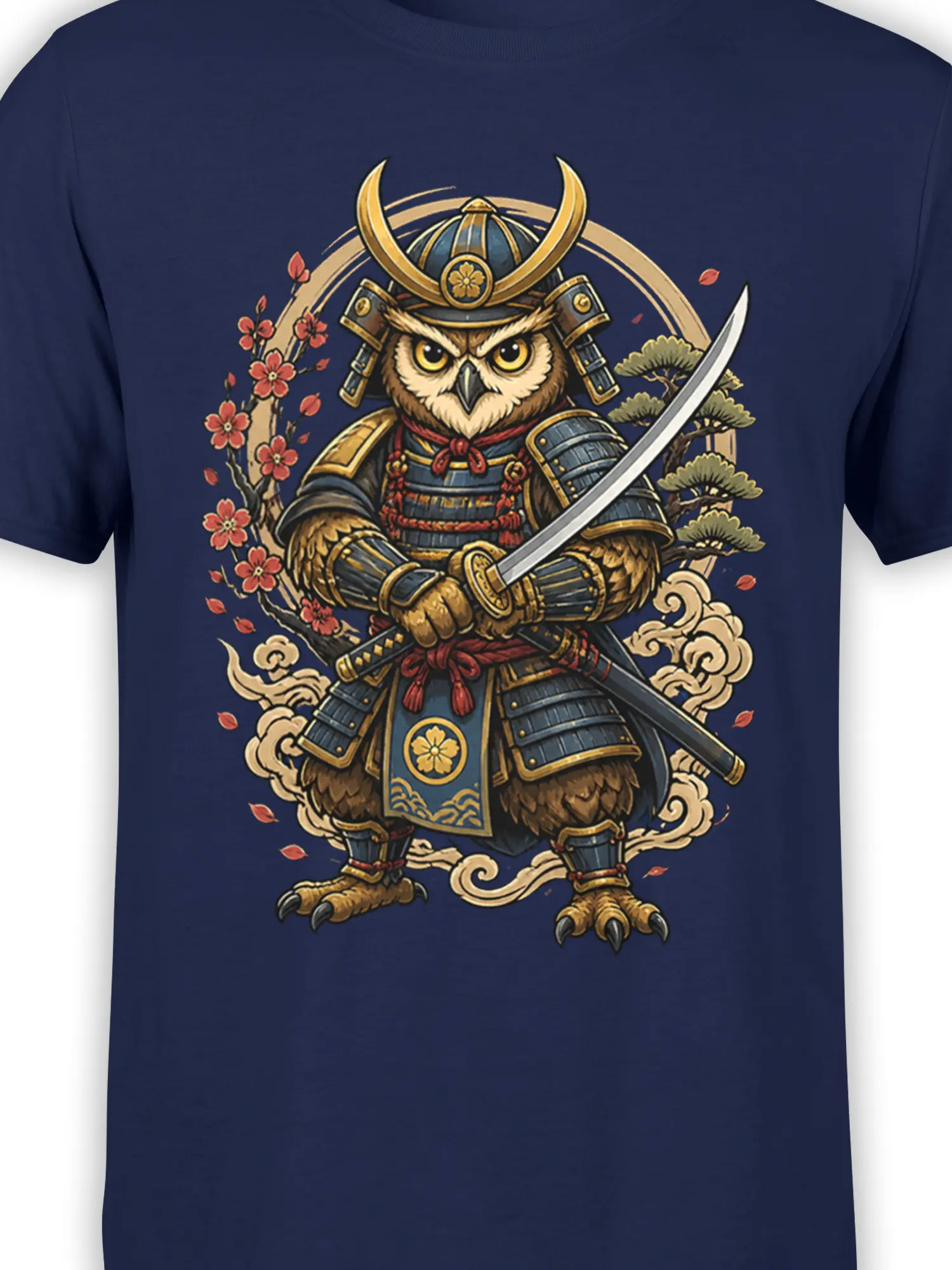 Close-up of an armored owl samurai with golden eyes, helmet, katana, cherry blossoms, and ornate details