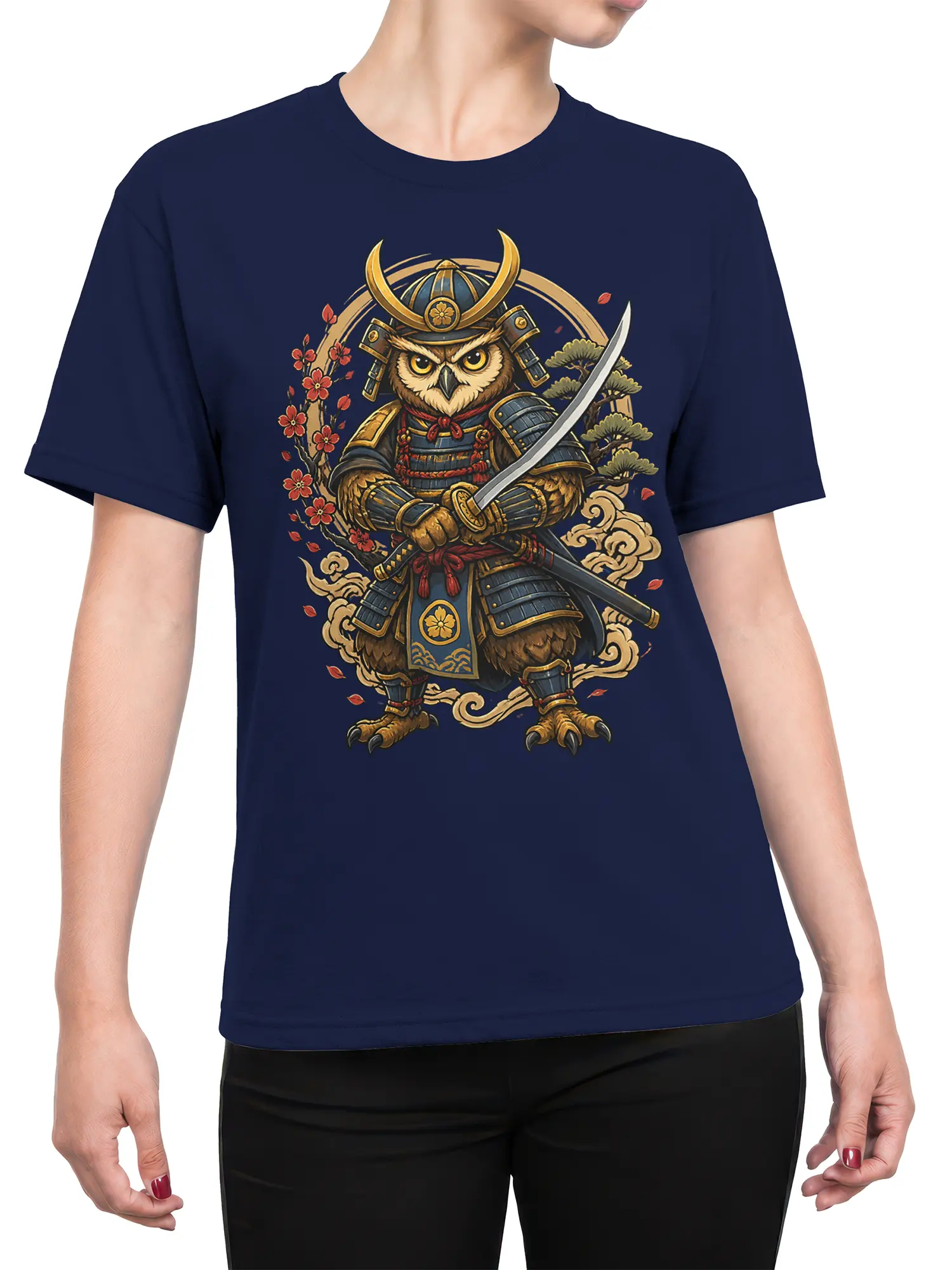 Female torso wearing a navy blue T-shirt with an armored owl samurai and katana design