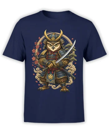 Armored owl samurai holding a katana on a navy blue T-shirt with cherry blossoms and clouds