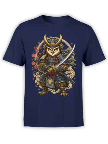 Armored owl samurai holding a katana on a navy blue T-shirt with cherry blossoms and clouds