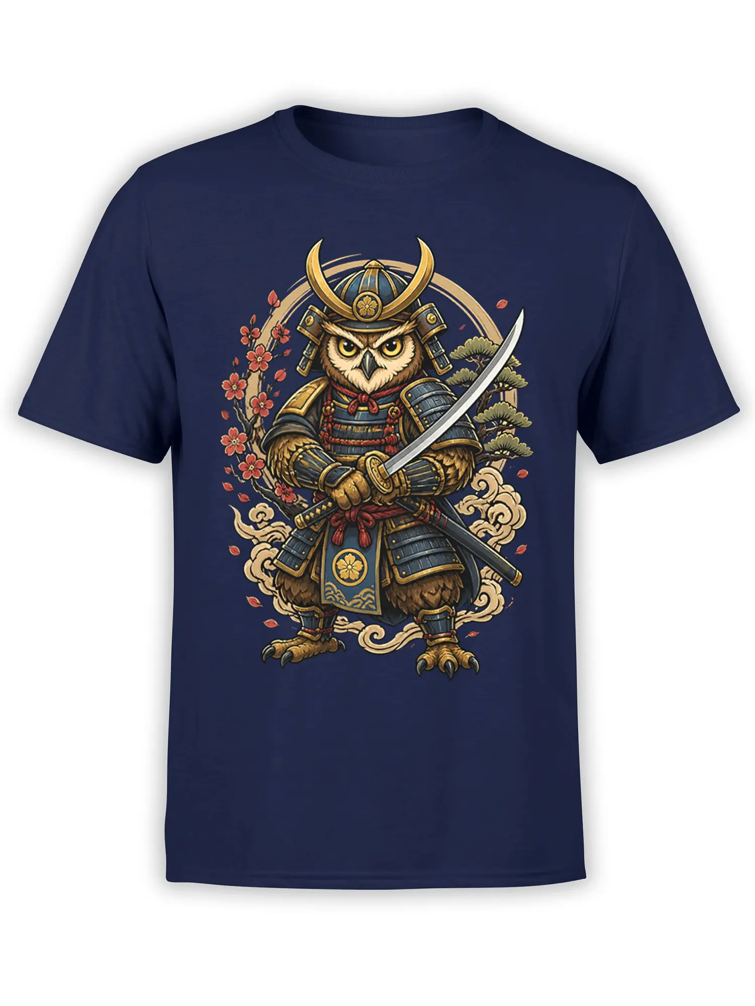Armored owl samurai holding a katana on a navy blue T-shirt with cherry blossoms and clouds