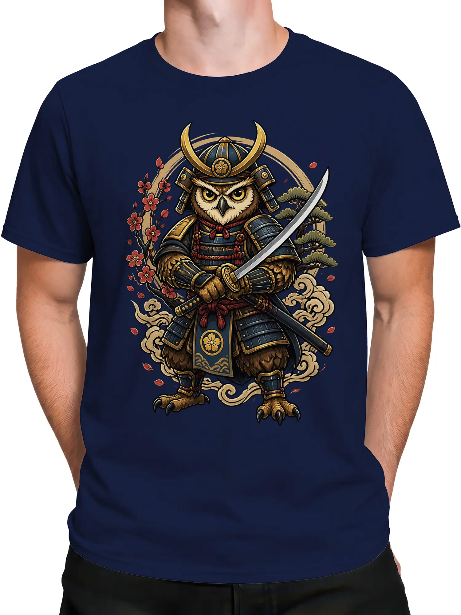 Male torso wearing a navy blue T-shirt with an armored owl samurai and katana design