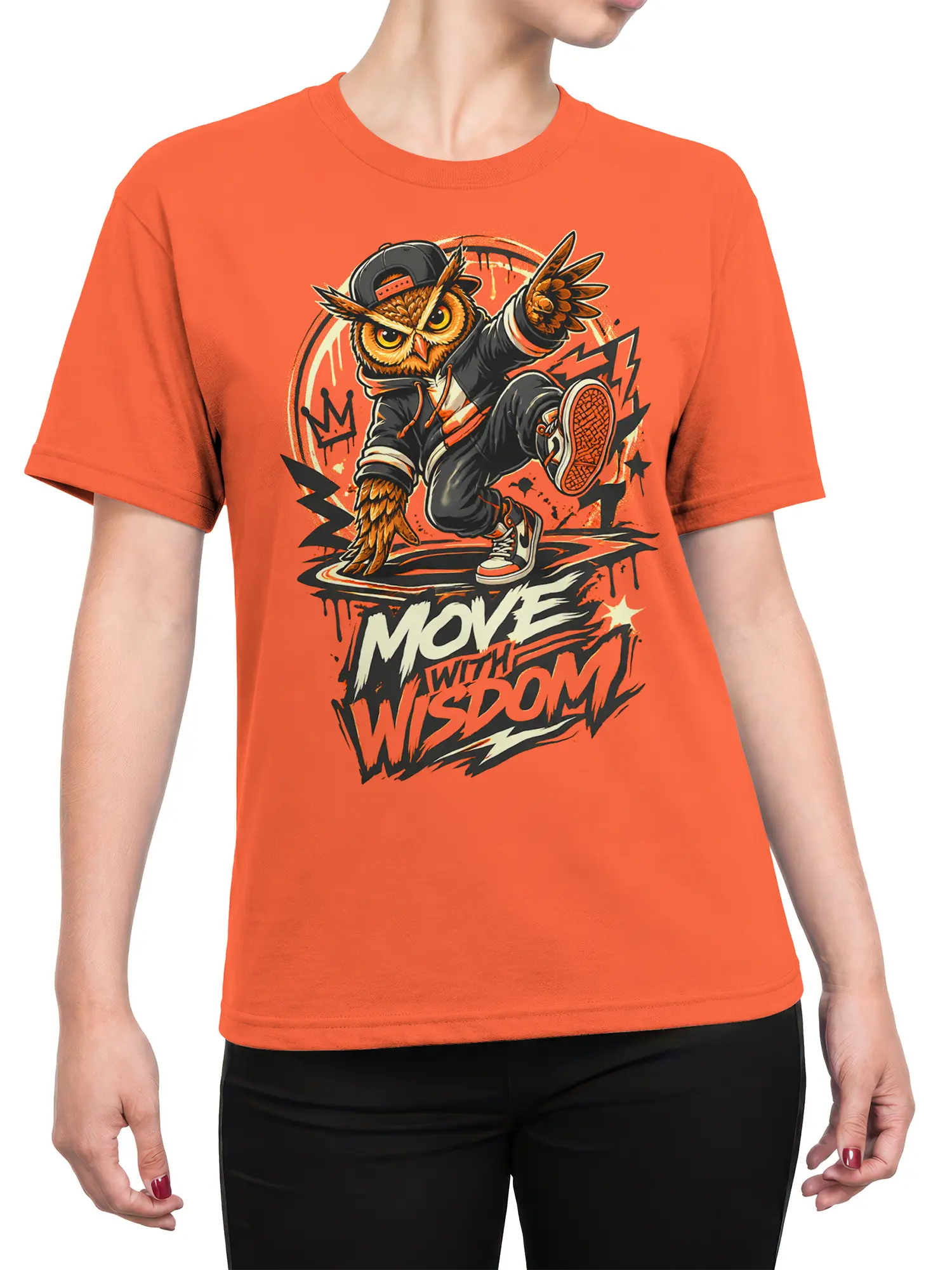 Female torso wearing an orange T-shirt with a wise owl breakdancer and wisdom quote