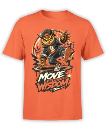 Wise owl breakdancer wearing a cap with “Move with Wisdom” on an orange T-shirt