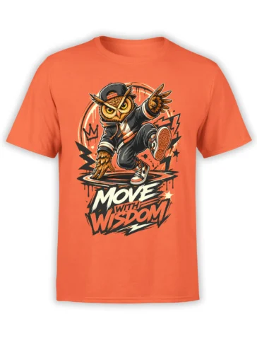 Wise owl breakdancer wearing a cap with “Move with Wisdom” on an orange T-shirt