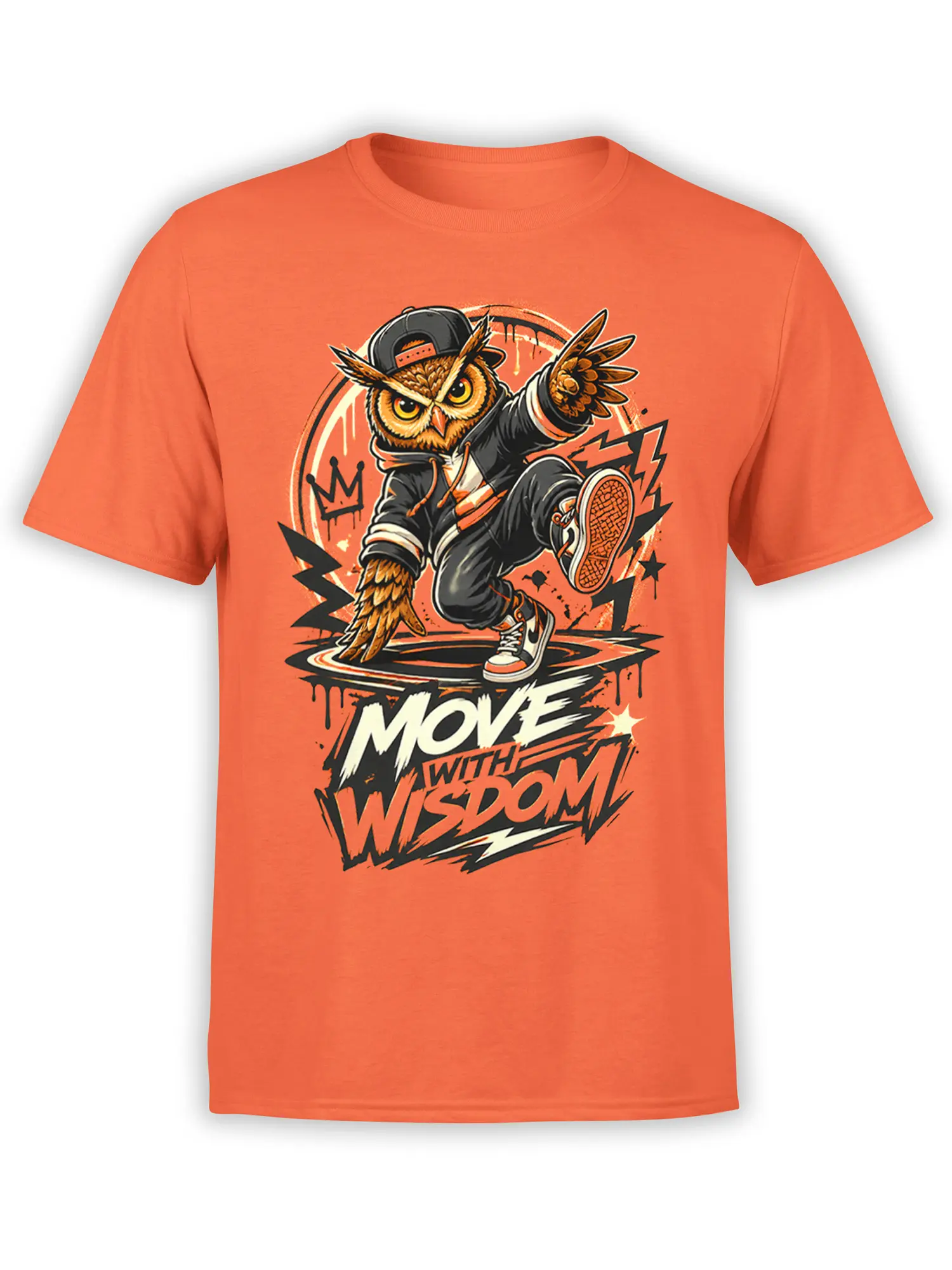Wise owl breakdancer wearing a cap with “Move with Wisdom” on an orange T-shirt
