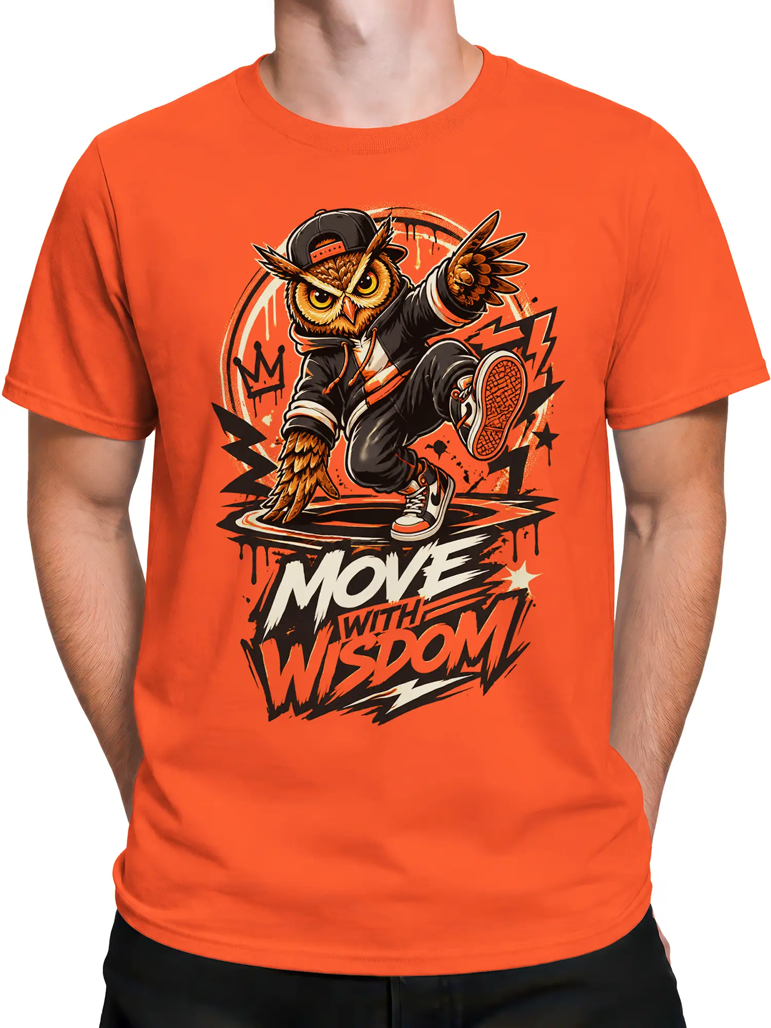 Male torso wearing an orange T-shirt with wise owl breakdancer artwork