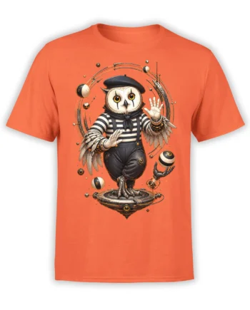 Cosmic owl in a striped outfit and beret on a futuristic platform, printed on an orange T-shirt