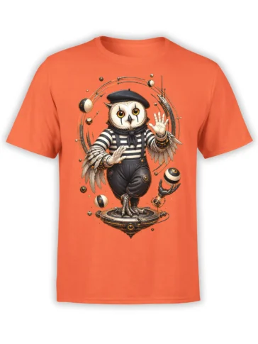 Cosmic owl in a striped outfit and beret on a futuristic platform, printed on an orange T-shirt