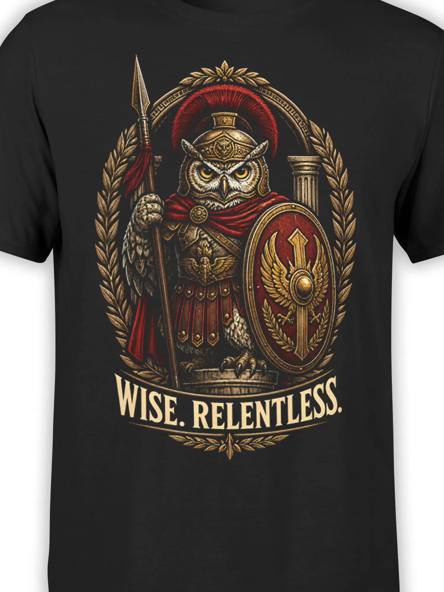 Close-up of armored owl warrior artwork with Roman details on a black owl T-shirt