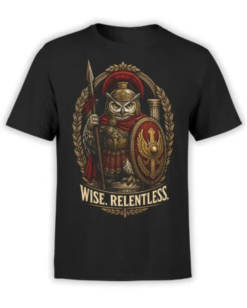 Black owl warrior T-shirt with spear, shield, laurel wreath, and “WISE. RELENTLESS.” artwork