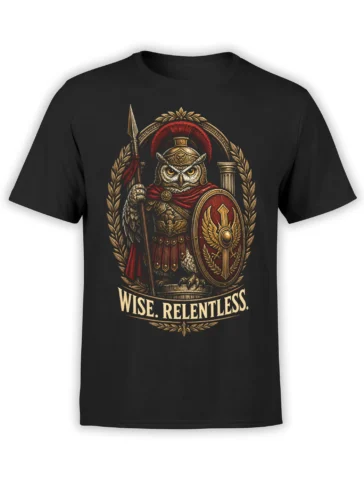 Black owl warrior T-shirt with spear, shield, laurel wreath, and “WISE. RELENTLESS.” artwork
