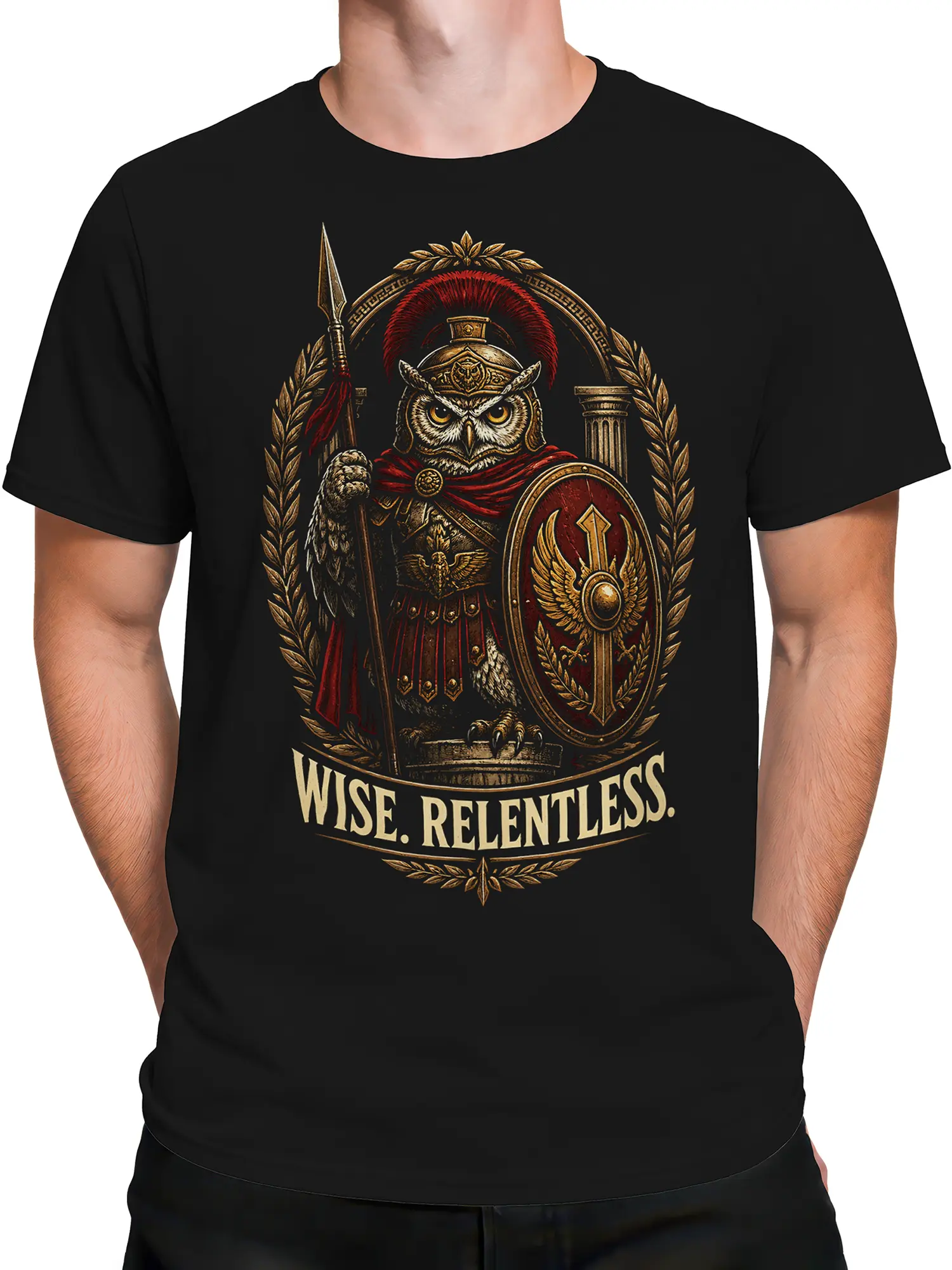 Male torso wearing a black Roman owl warrior T-shirt with spear and shield design