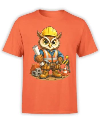 Construction owl worker wearing a hard hat and safety vest on an orange T-shirt