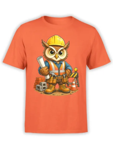 Construction owl worker wearing a hard hat and safety vest on an orange T-shirt