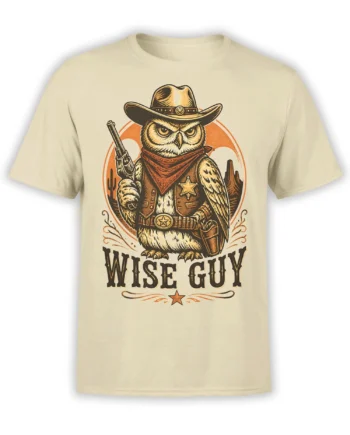 Vintage western owl cowboy graphic with rifle, sheriff stars, desert cactus, and WISE GUY text on beige T-shirt