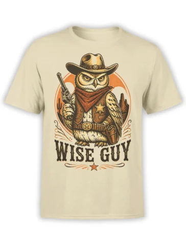 Vintage western owl cowboy graphic with rifle, sheriff stars, desert cactus, and WISE GUY text on beige T-shirt
