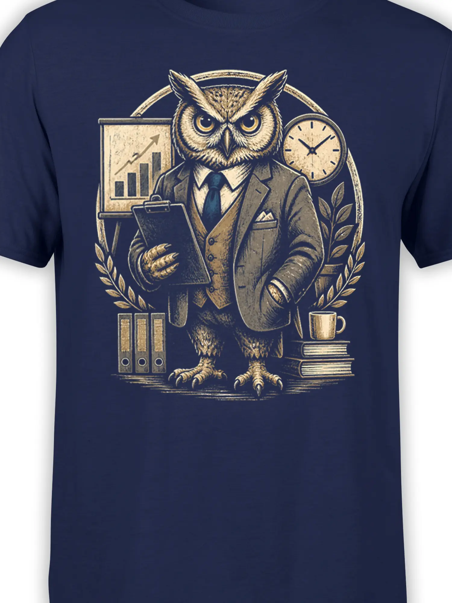 Close-up of the suited owl, clipboard, clock, and vintage office details on a navy T-shirt