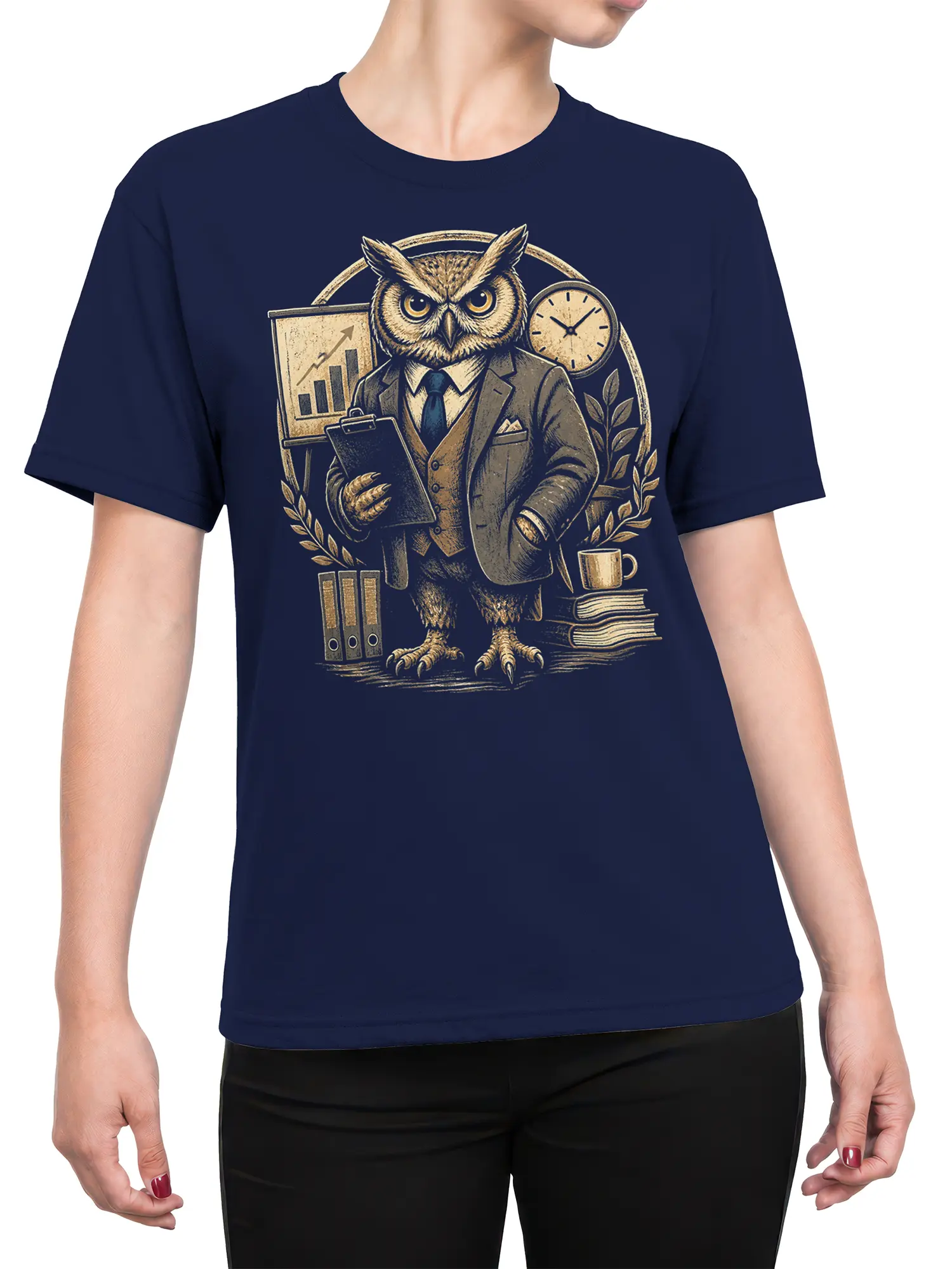 Female torso wearing a navy T-shirt with a vintage suited owl, clipboard, chart, books, and coffee graphic
