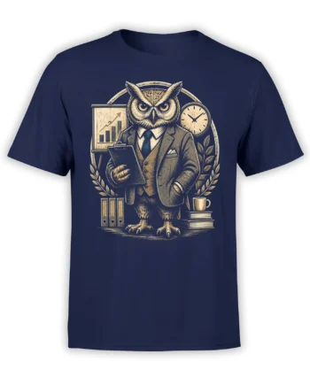 Vintage suited owl graphic with clipboard, chart, clock, books, and coffee on a navy T-shirt