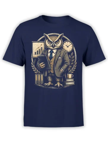 Vintage suited owl graphic with clipboard, chart, clock, books, and coffee on a navy T-shirt
