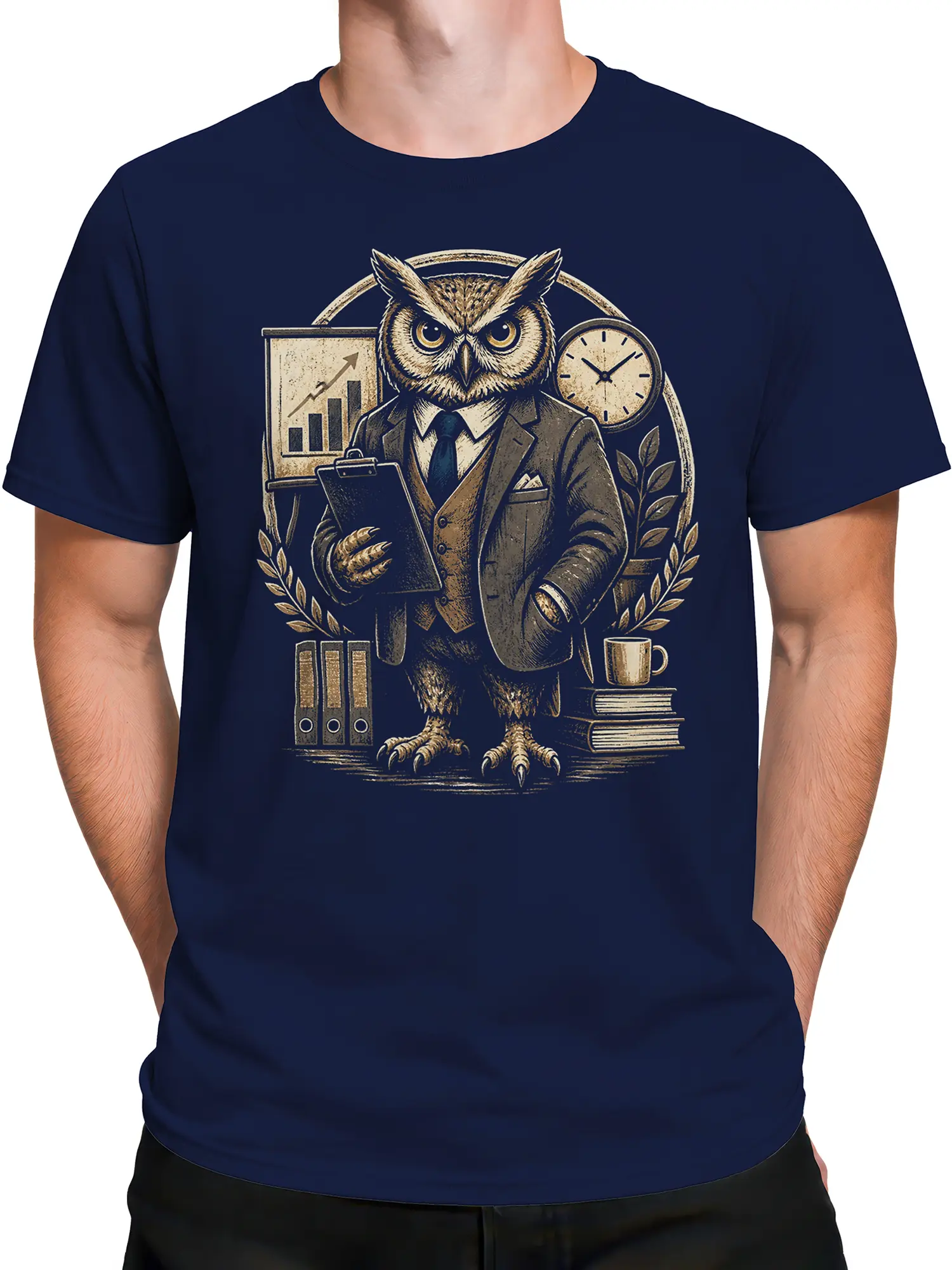 Male torso wearing a navy T-shirt with a vintage business owl and office-themed graphic