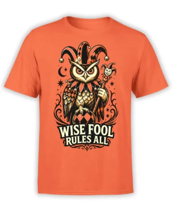 Wise owl jester graphic with staff and “Wise Fool Rules All” text on an orange T-shirt