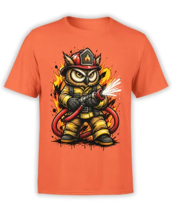Fierce owl firefighter wearing a helmet and holding a red fire hose on an orange T-shirt