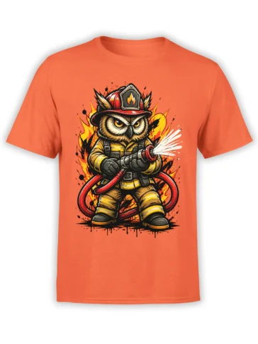 Fierce owl firefighter wearing a helmet and holding a red fire hose on an orange T-shirt