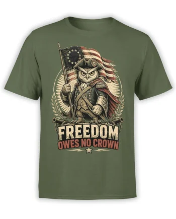 Military owl patriotic graphic on a green T-shirt with an American flag and freedom slogan