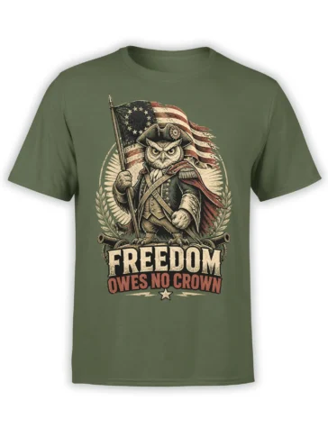 Military owl patriotic graphic on a green T-shirt with an American flag and freedom slogan