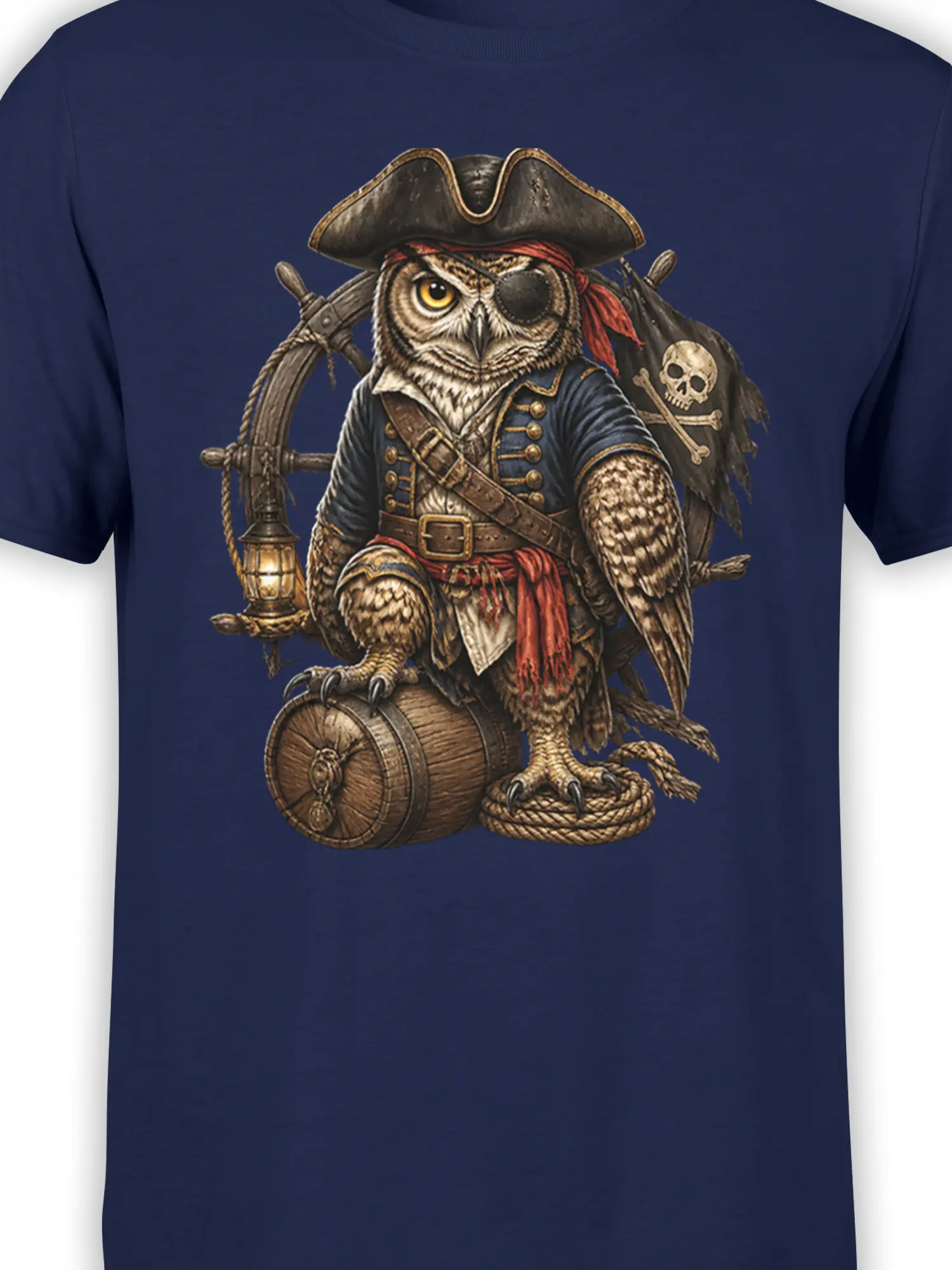 Close-up of the pirate owl artwork with eyepatch, hat, lantern, ship wheel, and skull flag