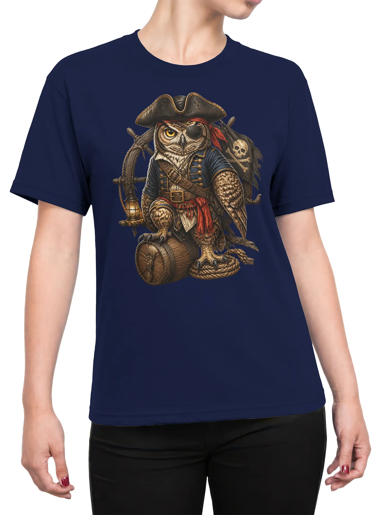 Female torso wearing a navy pirate owl T-shirt with detailed captain artwork and nautical accessories