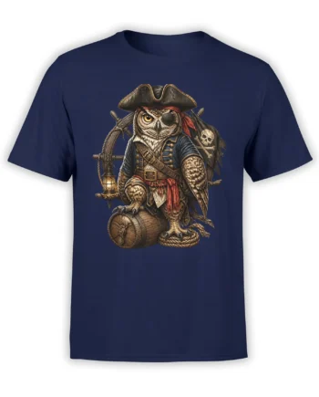 Pirate owl captain wearing an eyepatch and tricorn hat on a navy owl graphic T-shirt