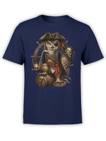 Pirate owl captain wearing an eyepatch and tricorn hat on a navy owl graphic T-shirt