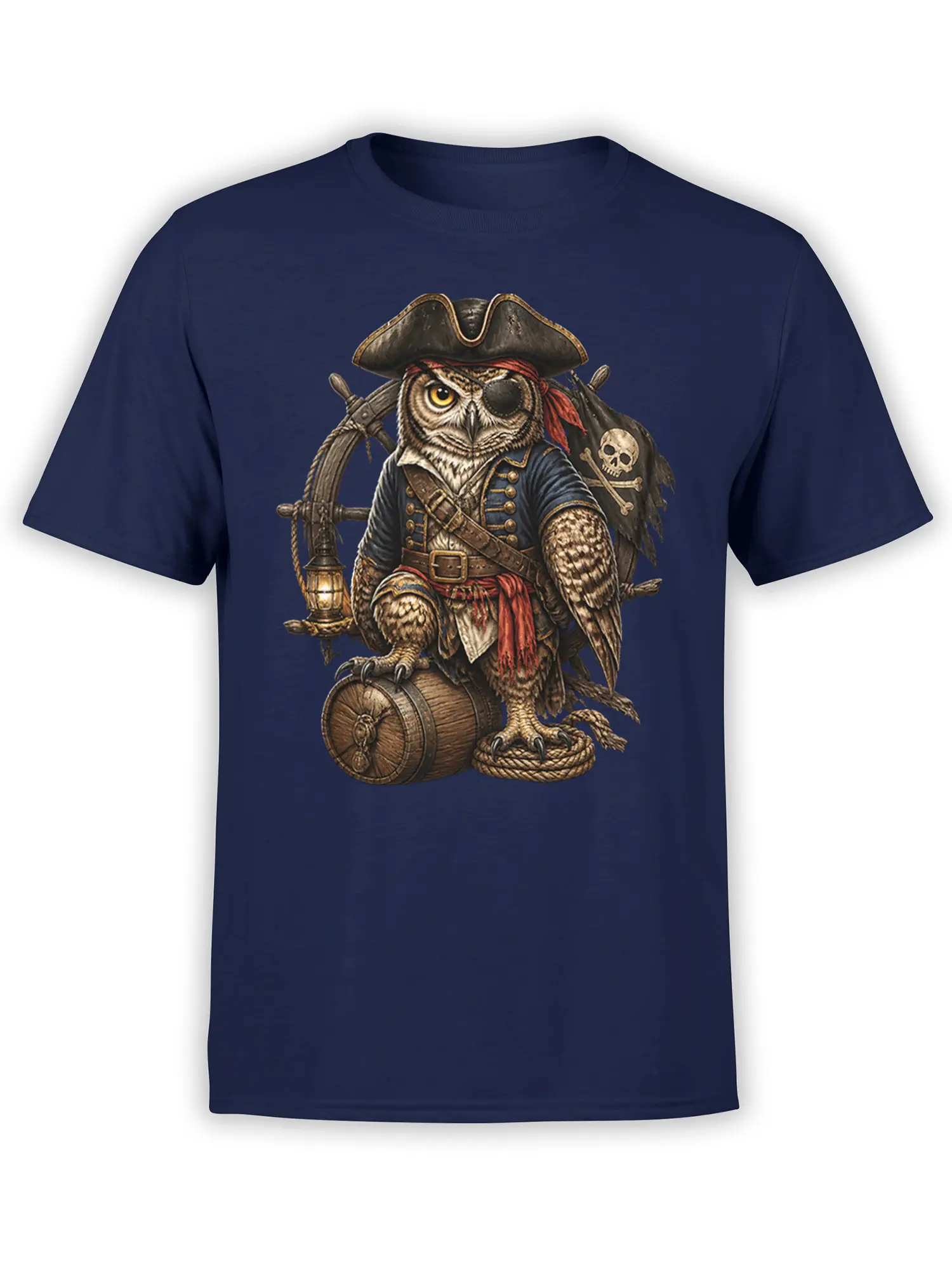 Pirate owl captain wearing an eyepatch and tricorn hat on a navy owl graphic T-shirt