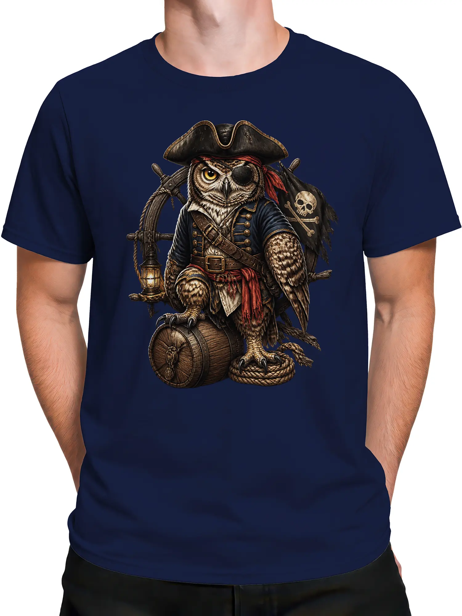 Male torso wearing a navy pirate owl T-shirt with detailed captain artwork and nautical accessories