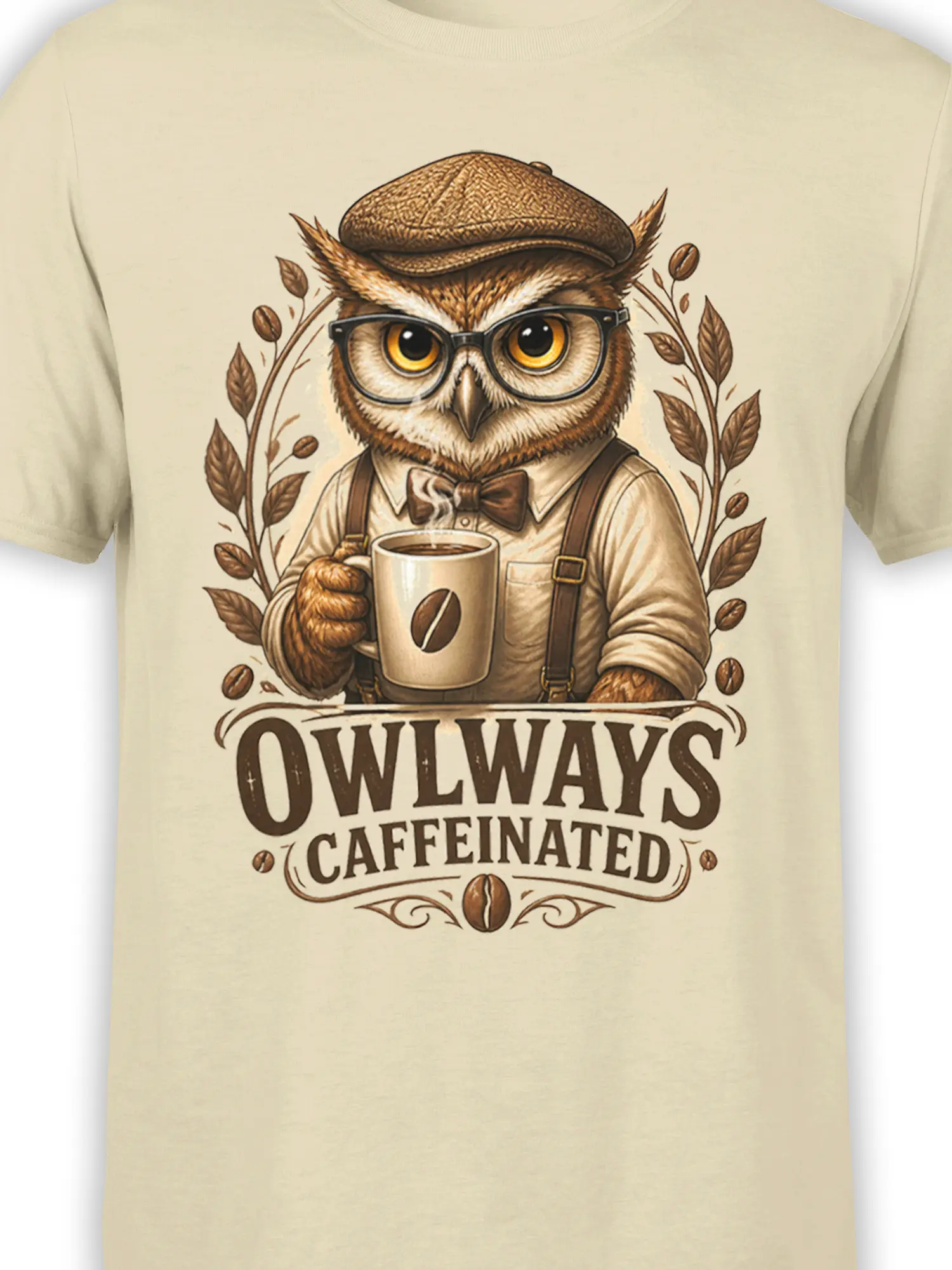 Close-up of vintage owl coffee artwork with glasses, bow tie, coffee mug, and brown lettering